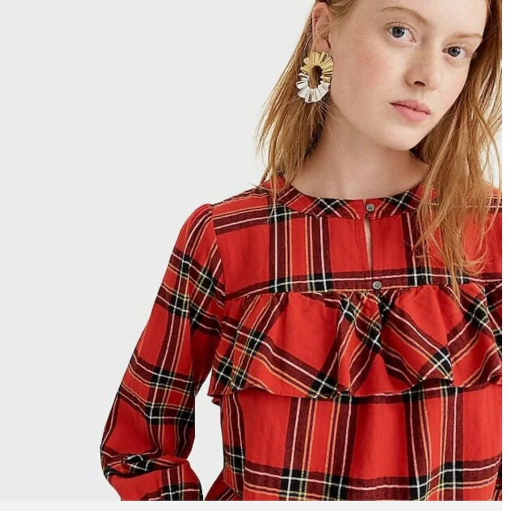 J. Crew • Festive Ruffled Popover Flannel Top in Red Tartan Plaid